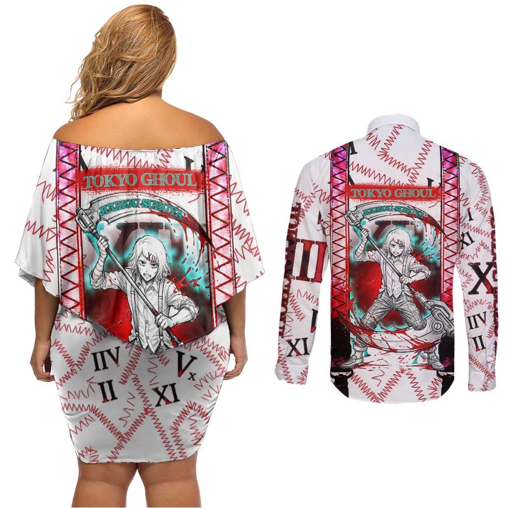 Juuzou Suzuya Tokyo Ghoul Couples Matching Off Shoulder Short Dress and Long Sleeve Button Shirt Grunge Anime Style with Roman Numeral Motif