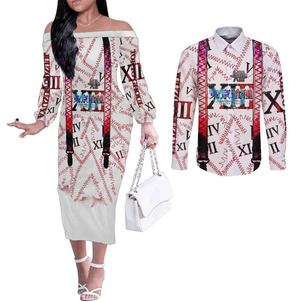 Juuzou Suzuya Tokyo Ghoul Couples Matching Off The Shoulder Long Sleeve Dress and Long Sleeve Button Shirt Grunge Anime Style with Roman Numeral Motif