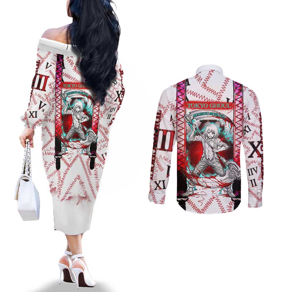 Juuzou Suzuya Tokyo Ghoul Couples Matching Off The Shoulder Long Sleeve Dress and Long Sleeve Button Shirt Grunge Anime Style with Roman Numeral Motif