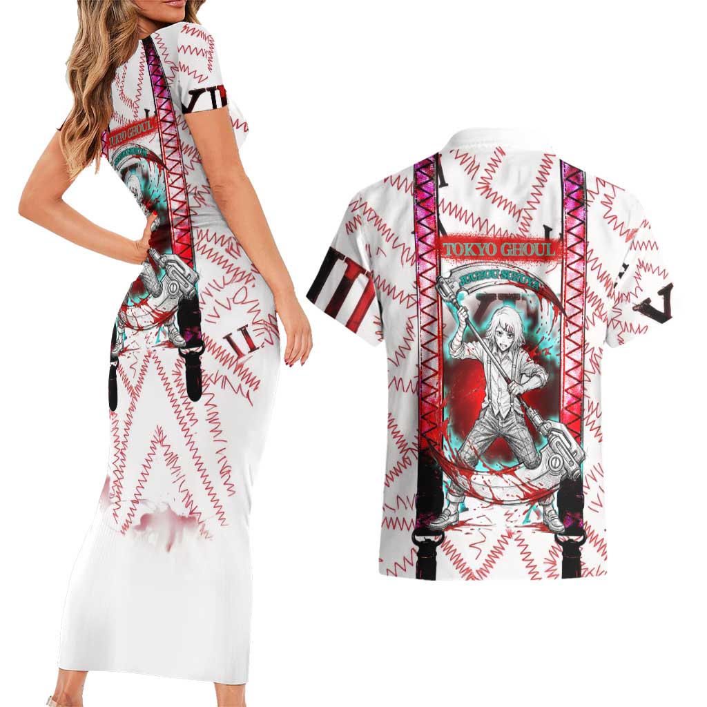 Juuzou Suzuya Tokyo Ghoul Couples Matching Short Sleeve Bodycon Dress and Hawaiian Shirt Grunge Anime Style with Roman Numeral Motif