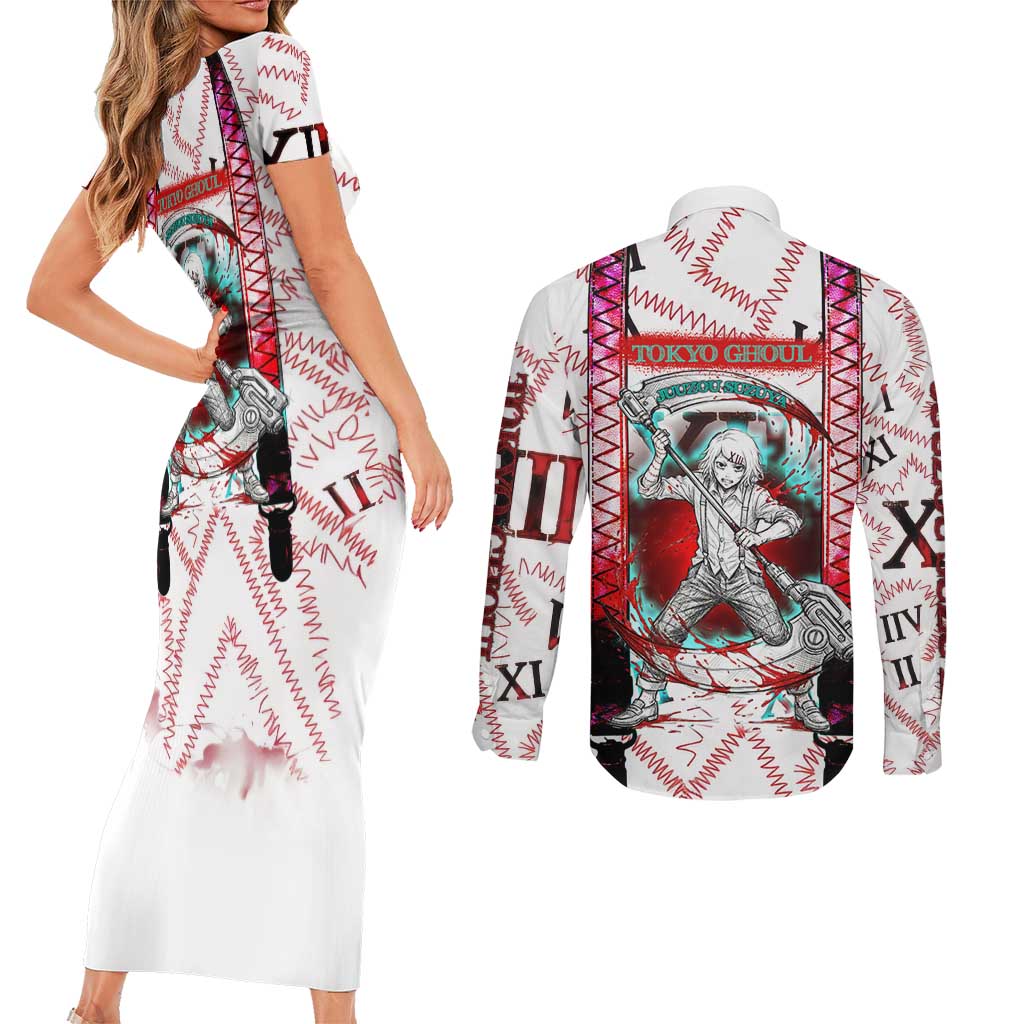 Juuzou Suzuya Tokyo Ghoul Couples Matching Short Sleeve Bodycon Dress and Long Sleeve Button Shirt Grunge Anime Style with Roman Numeral Motif