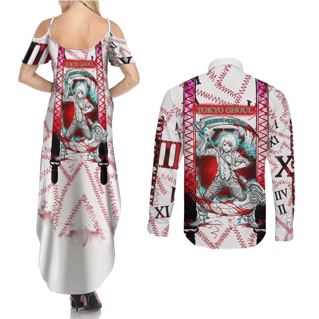 Juuzou Suzuya Tokyo Ghoul Couples Matching Summer Maxi Dress and Long Sleeve Button Shirt Grunge Anime Style with Roman Numeral Motif