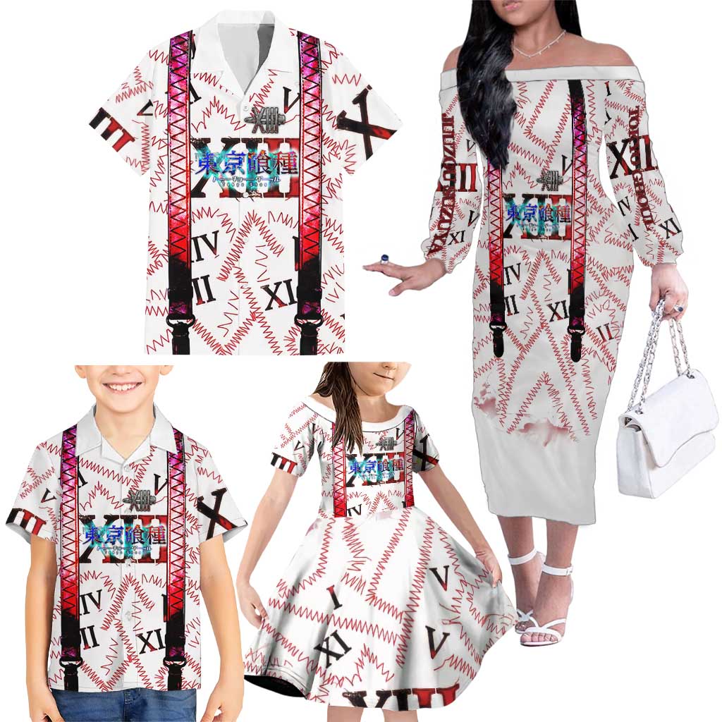 Juuzou Suzuya Tokyo Ghoul Family Matching Off The Shoulder Long Sleeve Dress and Hawaiian Shirt Grunge Anime Style with Roman Numeral Motif