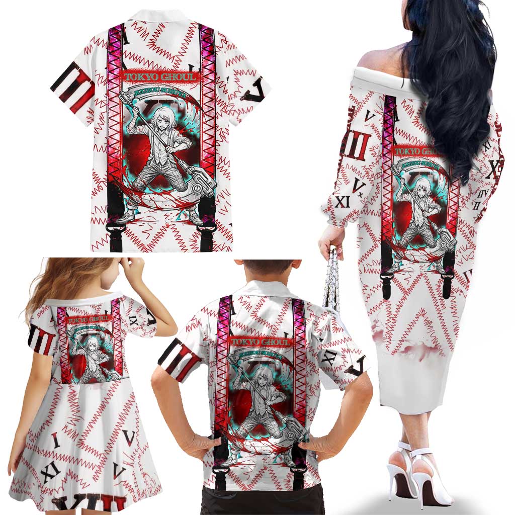 Juuzou Suzuya Tokyo Ghoul Family Matching Off The Shoulder Long Sleeve Dress and Hawaiian Shirt Grunge Anime Style with Roman Numeral Motif