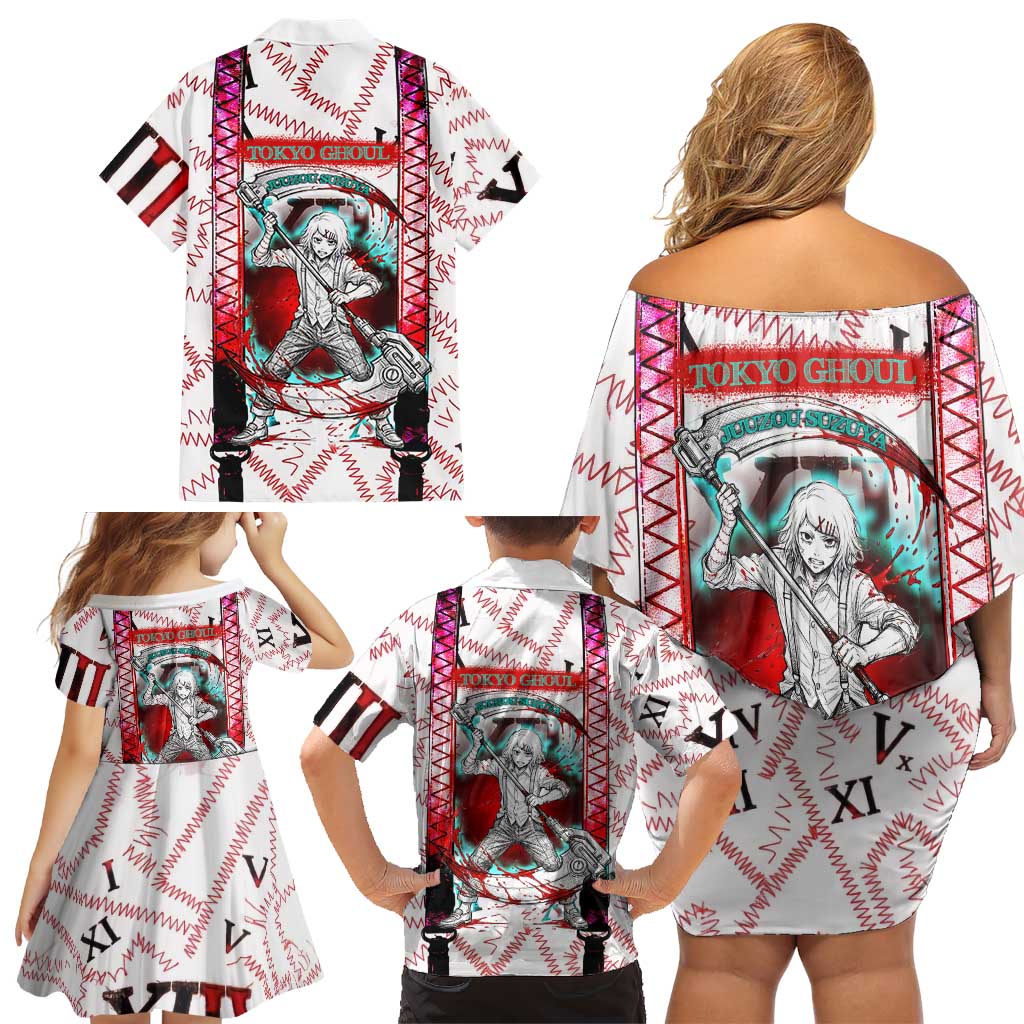 Juuzou Suzuya Tokyo Ghoul Family Matching Off Shoulder Short Dress and Hawaiian Shirt Grunge Anime Style with Roman Numeral Motif