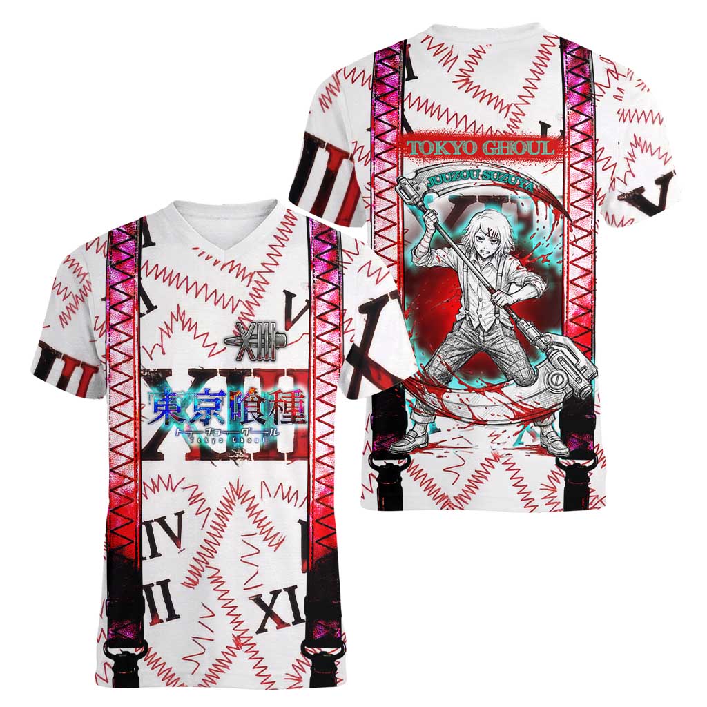 Juuzou Suzuya Tokyo Ghoul Women V-Neck T-Shirt Grunge Anime Style with Roman Numeral Motif