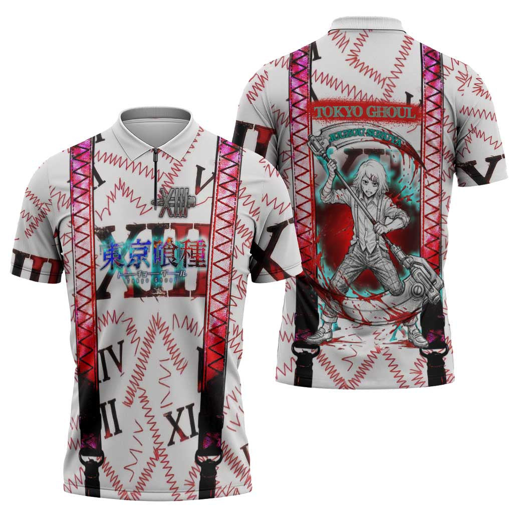 Juuzou Suzuya Tokyo Ghoul Zipper Polo Shirt Grunge Anime Style with Roman Numeral Motif
