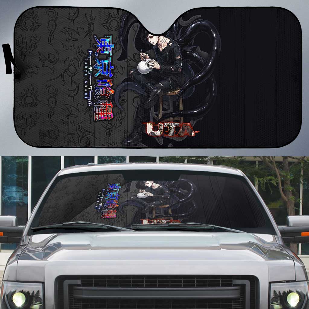 Uta Tokyo Ghoul Auto Sun Shade Dark Urban Tattoo Style with Oni Mask Elements