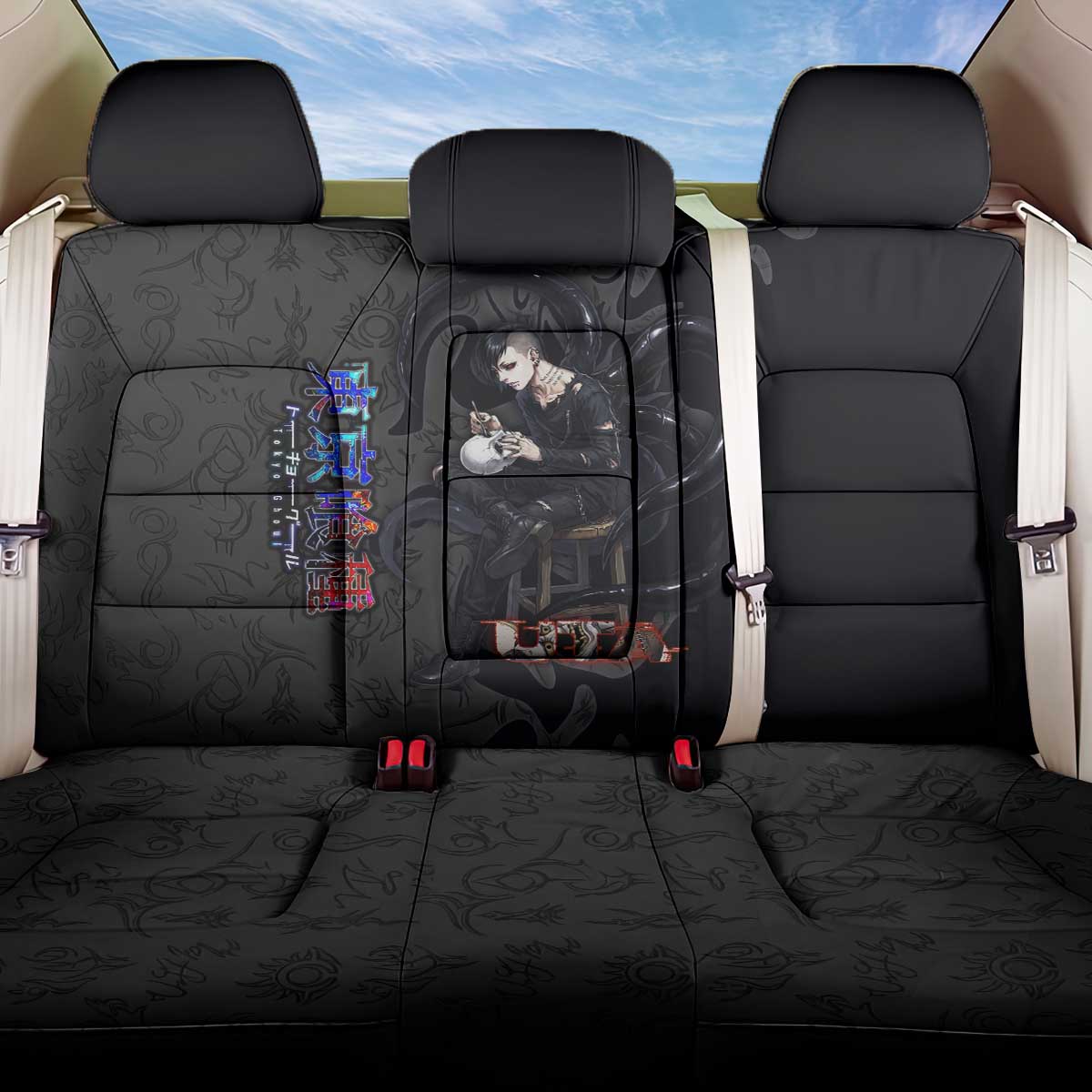 Uta Tokyo Ghoul Back Car Seat Cover Dark Urban Tattoo Style with Oni Mask Elements