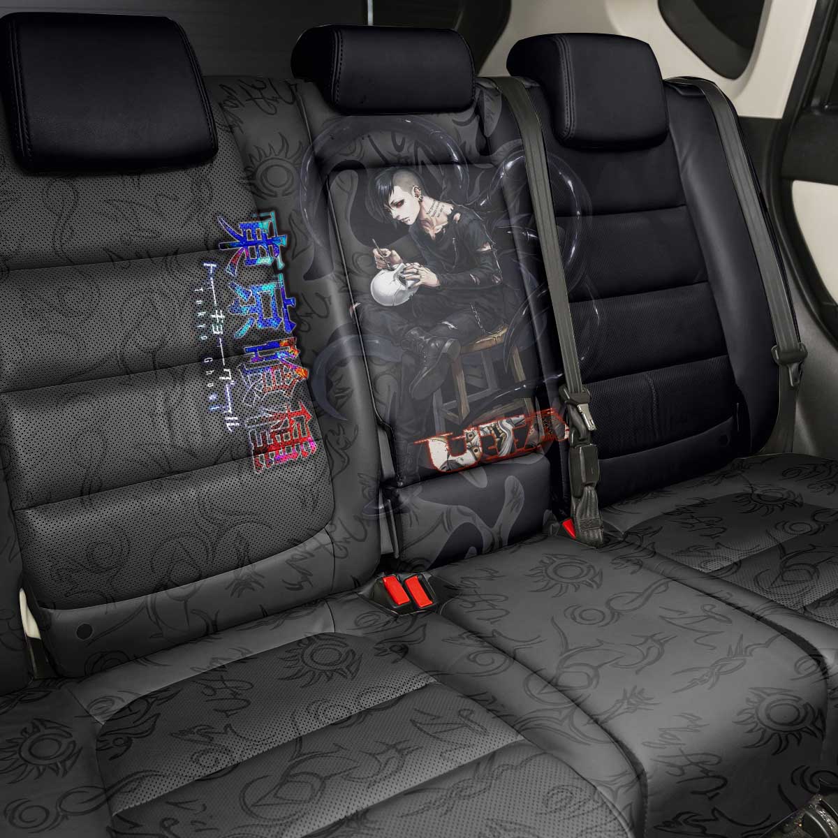 Uta Tokyo Ghoul Back Car Seat Cover Dark Urban Tattoo Style with Oni Mask Elements