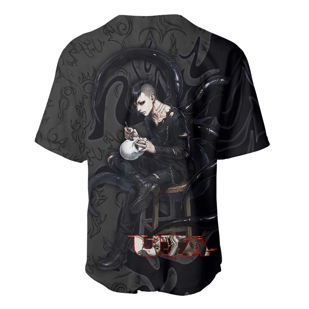 Uta Tokyo Ghoul Baseball Jersey Dark Urban Tattoo Style with Oni Mask Elements