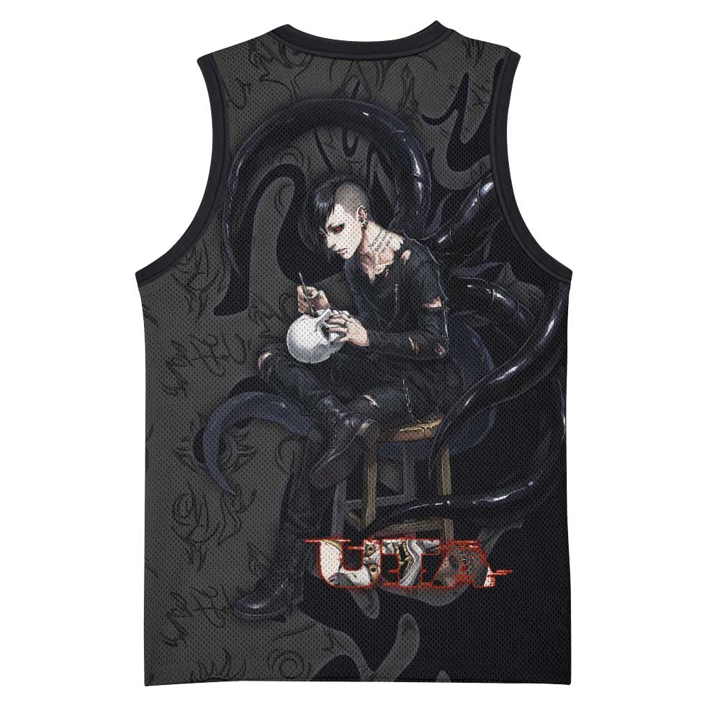 Uta Tokyo Ghoul Basketball Jersey Dark Urban Tattoo Style with Oni Mask Elements