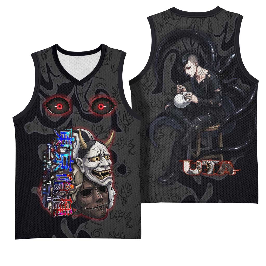 Uta Tokyo Ghoul Basketball Jersey Dark Urban Tattoo Style with Oni Mask Elements