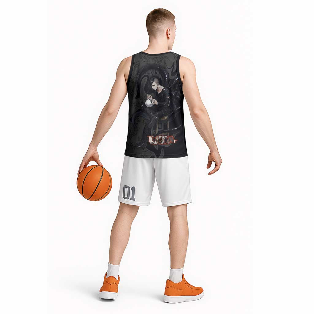 Uta Tokyo Ghoul Basketball Jersey Dark Urban Tattoo Style with Oni Mask Elements