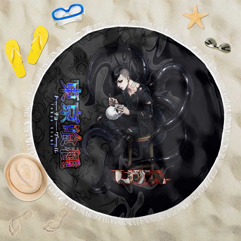Uta Tokyo Ghoul Beach Blanket Dark Urban Tattoo Style with Oni Mask Elements