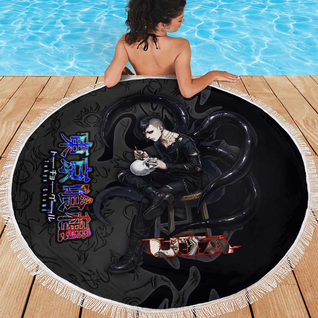 Uta Tokyo Ghoul Beach Blanket Dark Urban Tattoo Style with Oni Mask Elements
