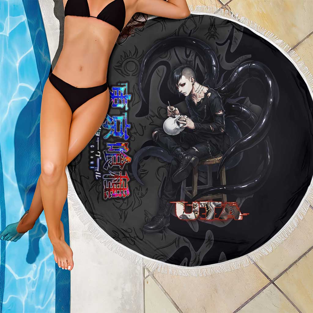 Uta Tokyo Ghoul Beach Blanket Dark Urban Tattoo Style with Oni Mask Elements
