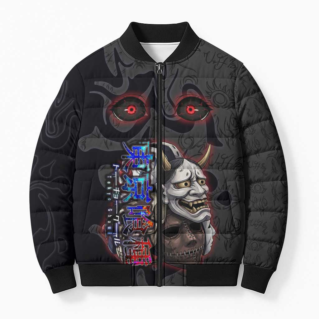 Uta Tokyo Ghoul Bomber Puffer Jacket Dark Urban Tattoo Style with Oni Mask Elements