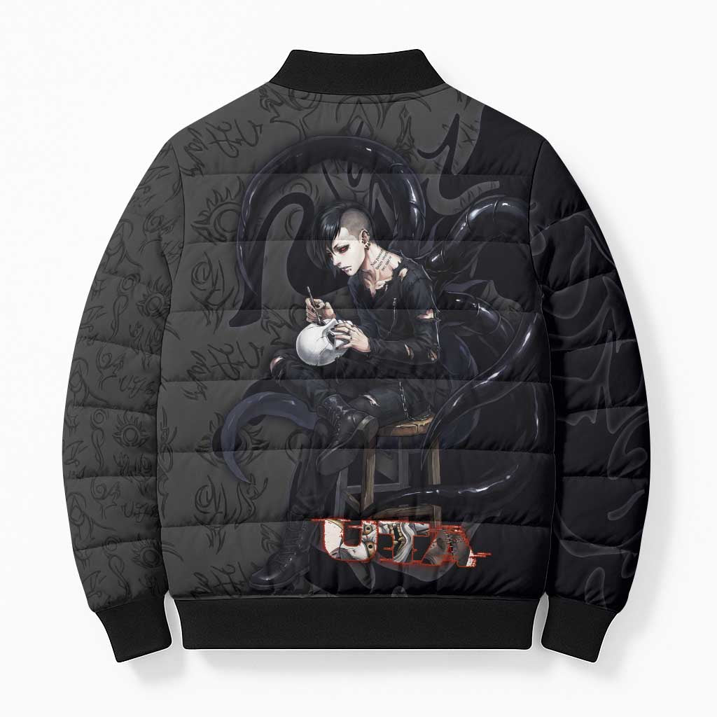 Uta Tokyo Ghoul Bomber Puffer Jacket Dark Urban Tattoo Style with Oni Mask Elements