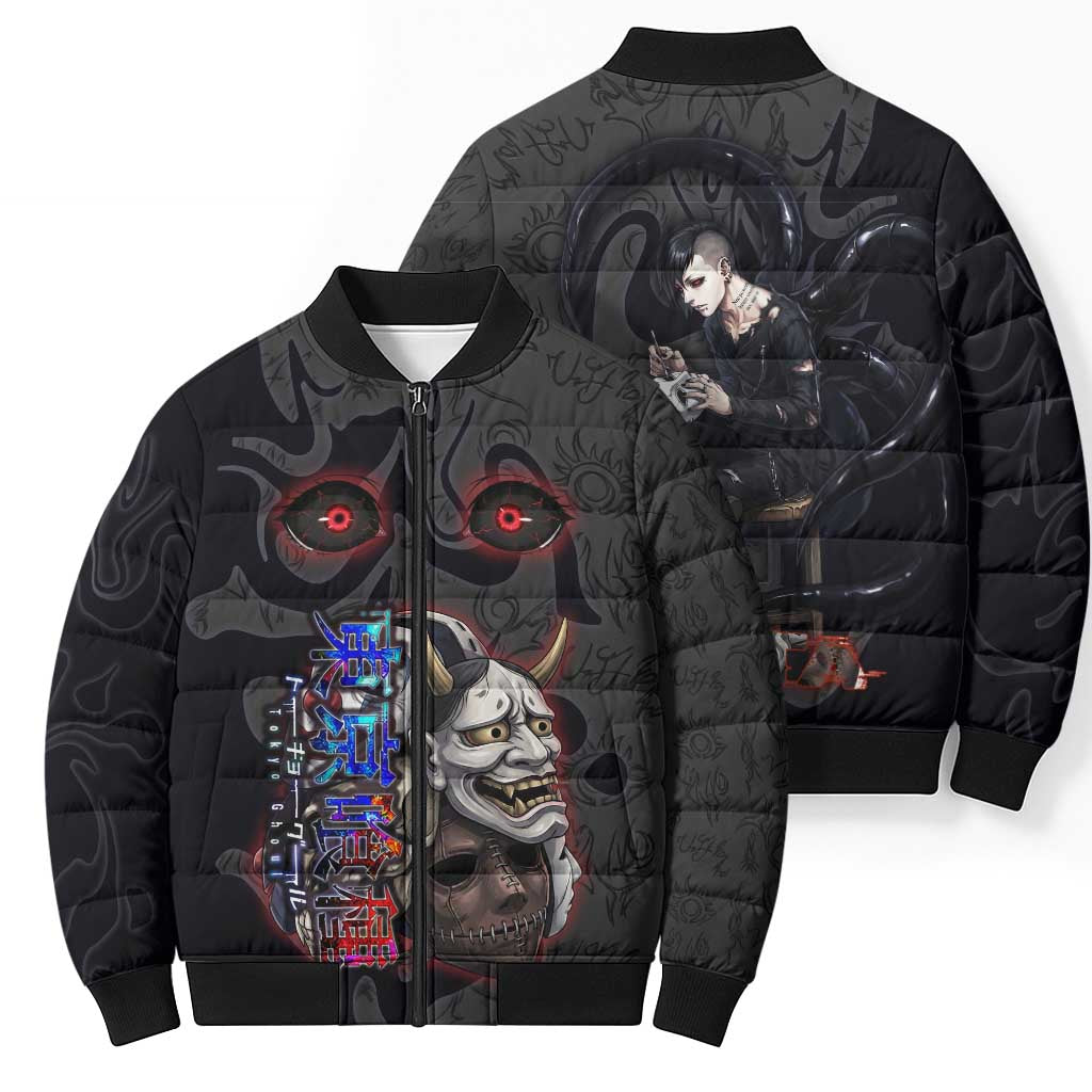 Uta Tokyo Ghoul Bomber Puffer Jacket Dark Urban Tattoo Style with Oni Mask Elements