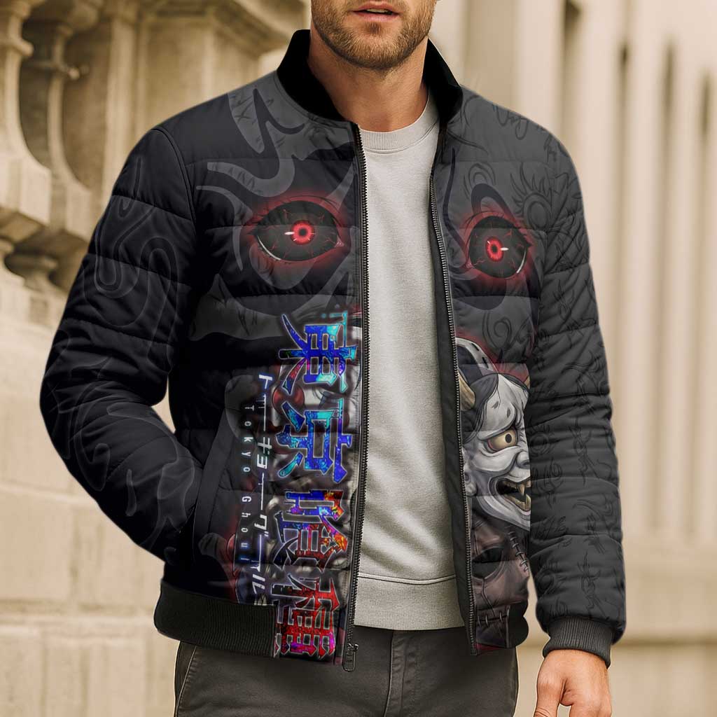 Uta Tokyo Ghoul Bomber Puffer Jacket Dark Urban Tattoo Style with Oni Mask Elements