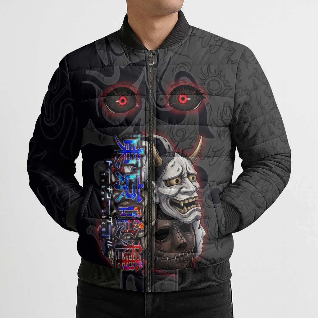 Uta Tokyo Ghoul Bomber Puffer Jacket Dark Urban Tattoo Style with Oni Mask Elements