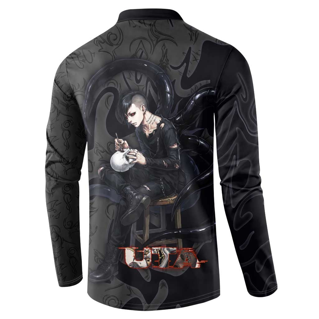 Uta Tokyo Ghoul Button Sweatshirt Dark Urban Tattoo Style with Oni Mask Elements