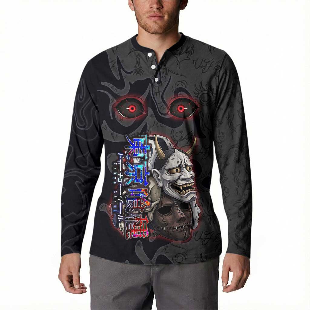 Uta Tokyo Ghoul Button Sweatshirt Dark Urban Tattoo Style with Oni Mask Elements