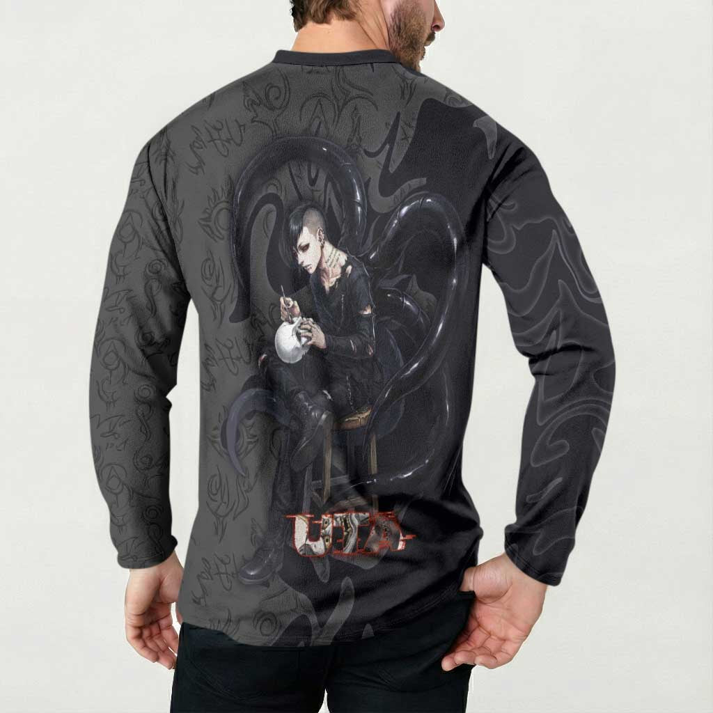 Uta Tokyo Ghoul Button Sweatshirt Dark Urban Tattoo Style with Oni Mask Elements
