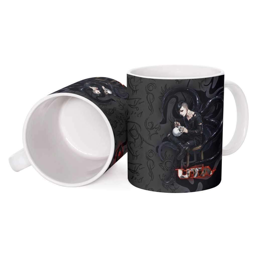 Uta Tokyo Ghoul Ceramic Mug Dark Urban Tattoo Style with Oni Mask Elements