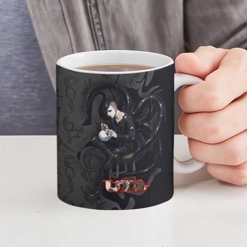 Uta Tokyo Ghoul Ceramic Mug Dark Urban Tattoo Style with Oni Mask Elements