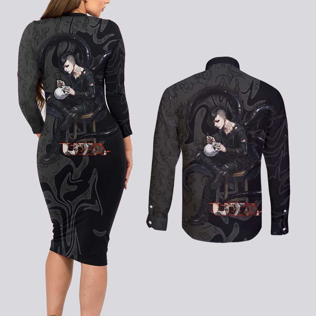 Uta Tokyo Ghoul Couples Matching Long Sleeve Bodycon Dress and Long Sleeve Button Shirt Dark Urban Tattoo Style with Oni Mask Elements