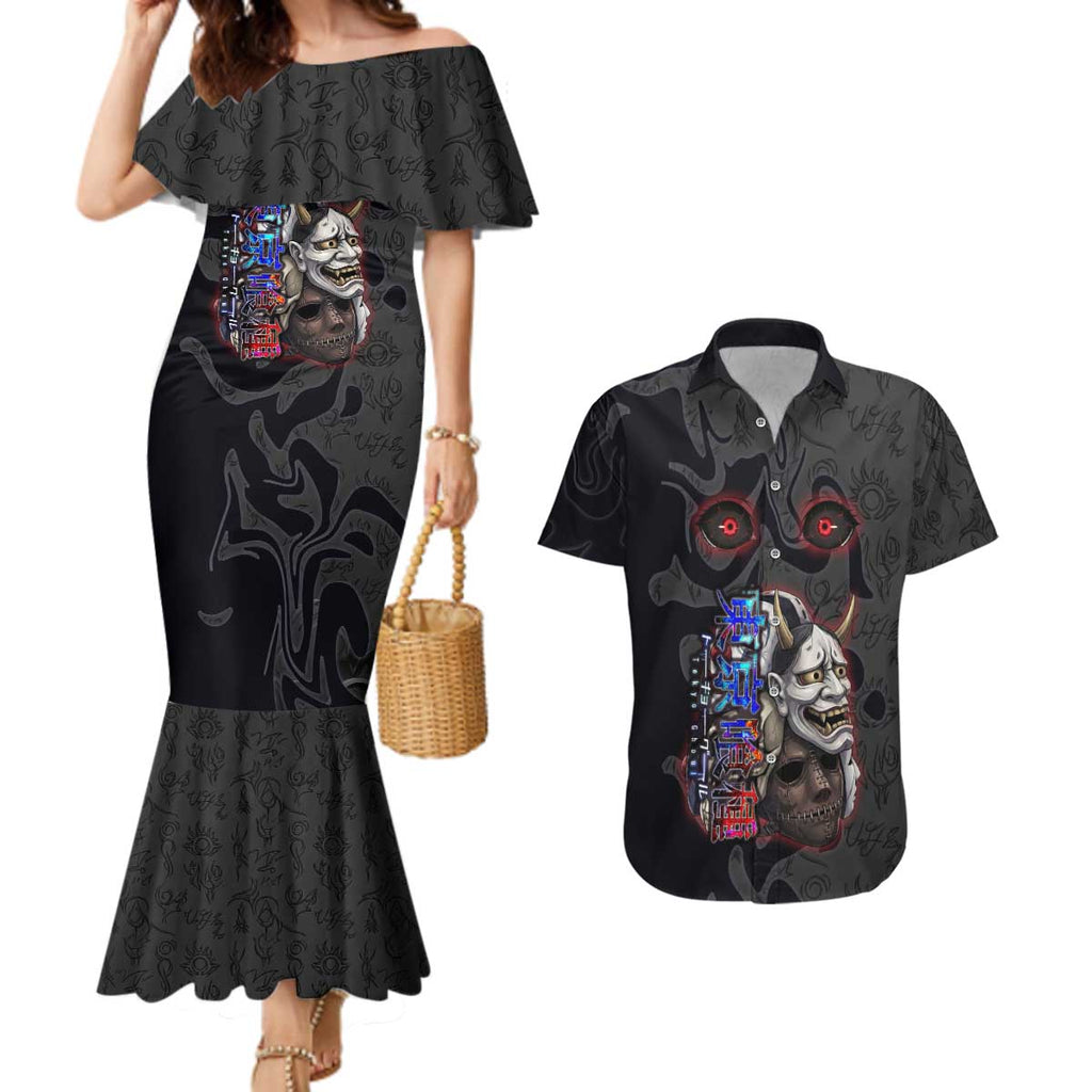 Uta Tokyo Ghoul Couples Matching Mermaid Dress and Hawaiian Shirt Dark Urban Tattoo Style with Oni Mask Elements