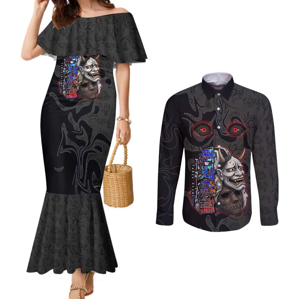 Uta Tokyo Ghoul Couples Matching Mermaid Dress and Long Sleeve Button Shirt Dark Urban Tattoo Style with Oni Mask Elements
