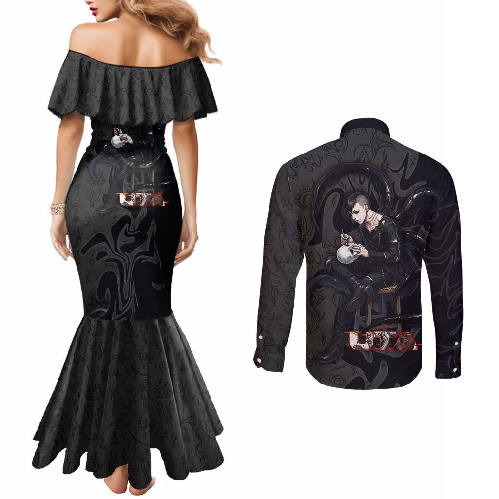 Uta Tokyo Ghoul Couples Matching Mermaid Dress and Long Sleeve Button Shirt Dark Urban Tattoo Style with Oni Mask Elements