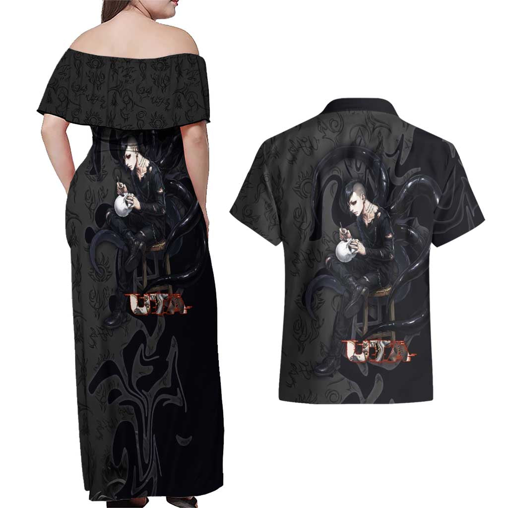 Uta Tokyo Ghoul Couples Matching Off Shoulder Maxi Dress and Hawaiian Shirt Dark Urban Tattoo Style with Oni Mask Elements