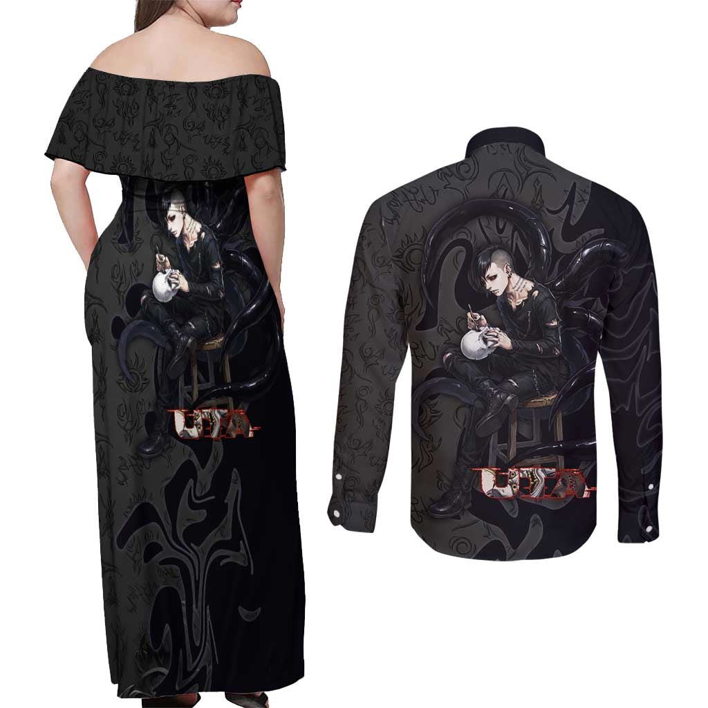Uta Tokyo Ghoul Couples Matching Off Shoulder Maxi Dress and Long Sleeve Button Shirt Dark Urban Tattoo Style with Oni Mask Elements