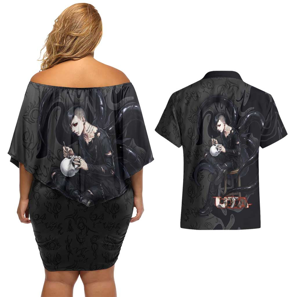 Uta Tokyo Ghoul Couples Matching Off Shoulder Short Dress and Hawaiian Shirt Dark Urban Tattoo Style with Oni Mask Elements