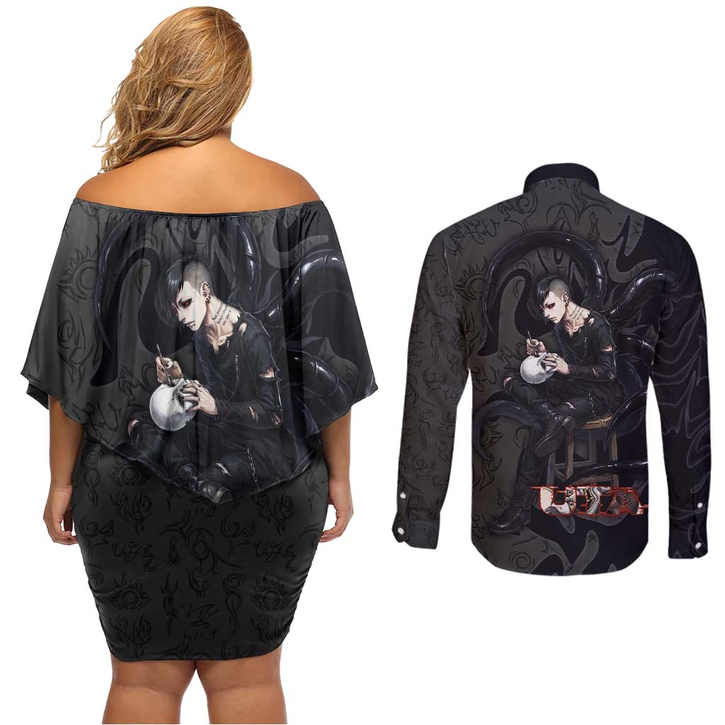 Uta Tokyo Ghoul Couples Matching Off Shoulder Short Dress and Long Sleeve Button Shirt Dark Urban Tattoo Style with Oni Mask Elements