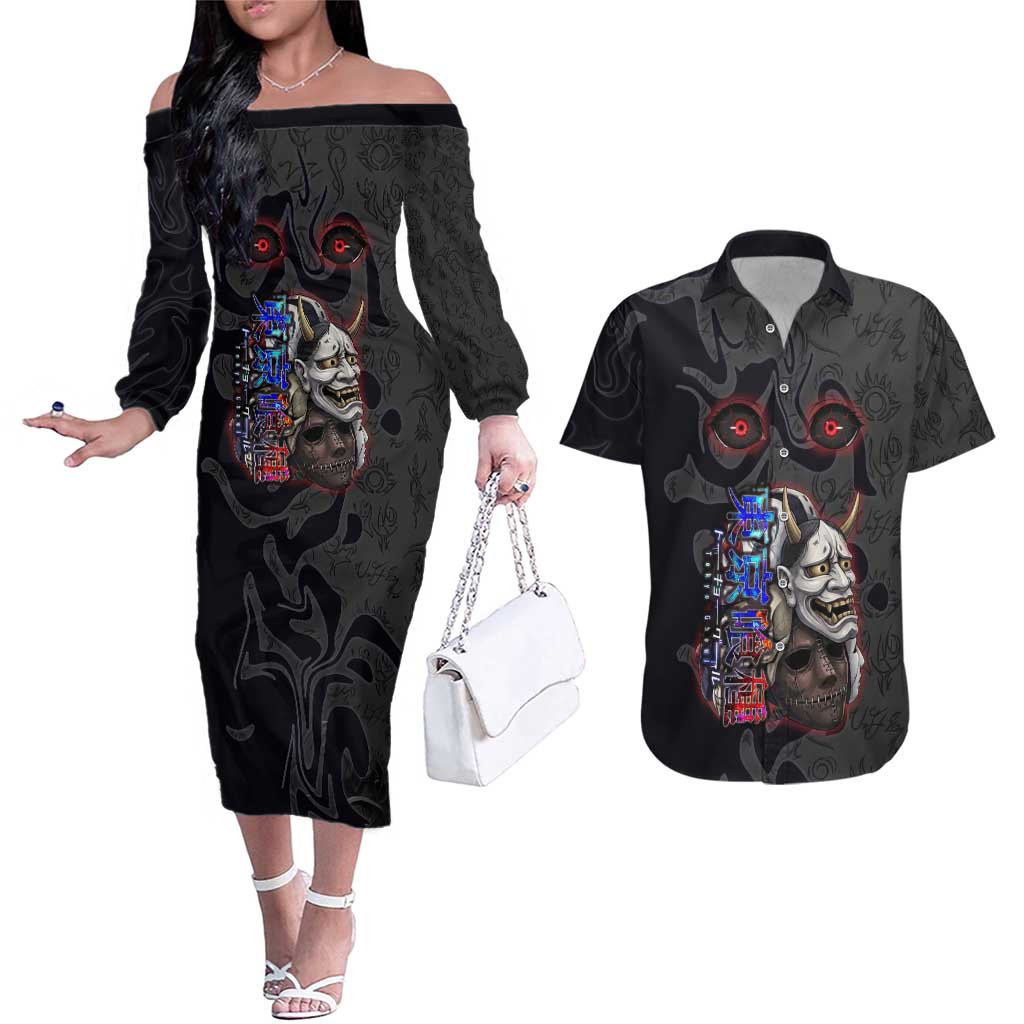 Uta Tokyo Ghoul Couples Matching Off The Shoulder Long Sleeve Dress and Hawaiian Shirt Dark Urban Tattoo Style with Oni Mask Elements