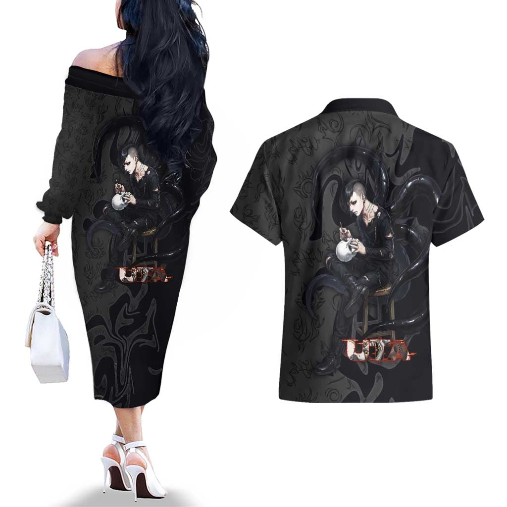 Uta Tokyo Ghoul Couples Matching Off The Shoulder Long Sleeve Dress and Hawaiian Shirt Dark Urban Tattoo Style with Oni Mask Elements