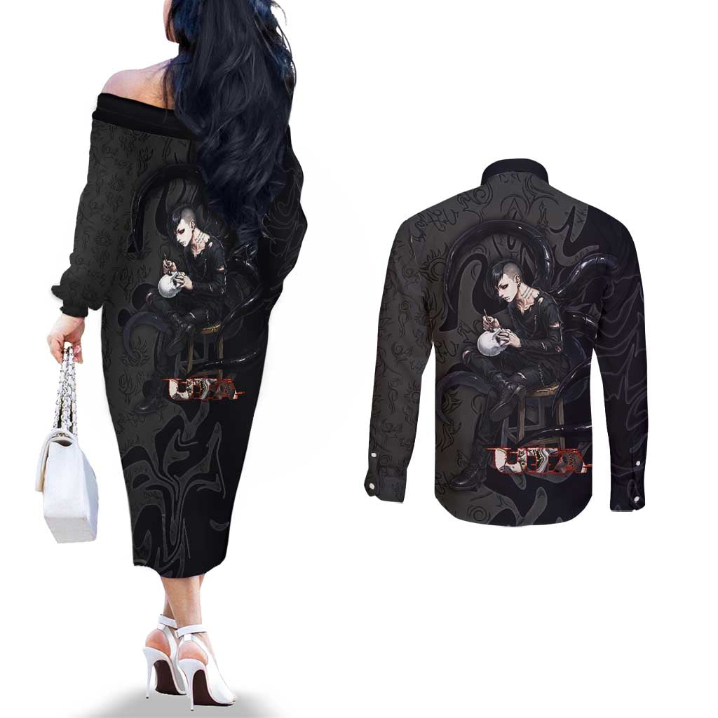 Uta Tokyo Ghoul Couples Matching Off The Shoulder Long Sleeve Dress and Long Sleeve Button Shirt Dark Urban Tattoo Style with Oni Mask Elements
