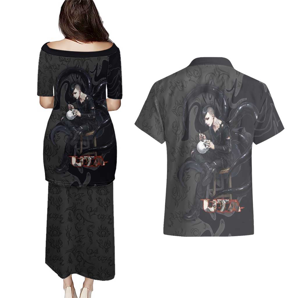 Uta Tokyo Ghoul Couples Matching Puletasi and Hawaiian Shirt Dark Urban Tattoo Style with Oni Mask Elements
