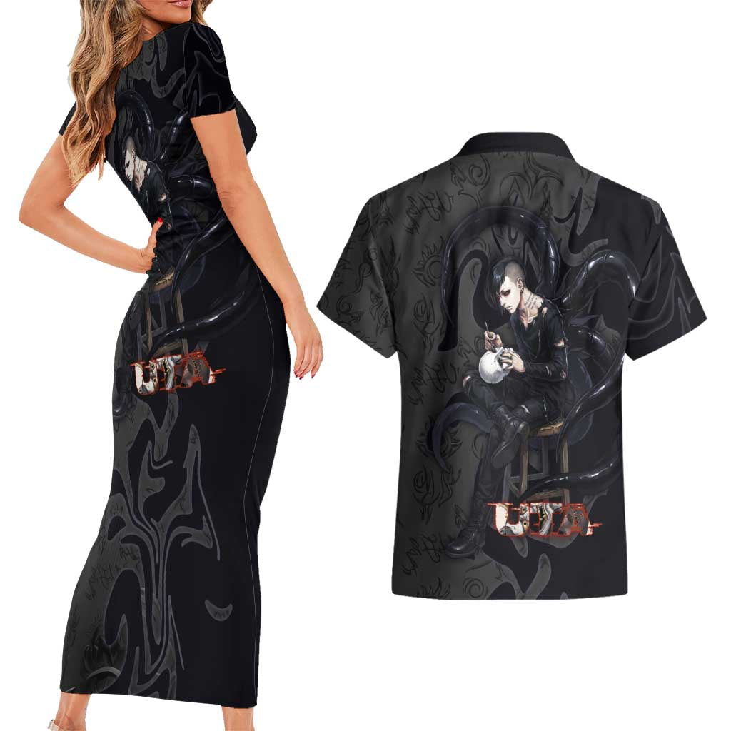 Uta Tokyo Ghoul Couples Matching Short Sleeve Bodycon Dress and Hawaiian Shirt Dark Urban Tattoo Style with Oni Mask Elements