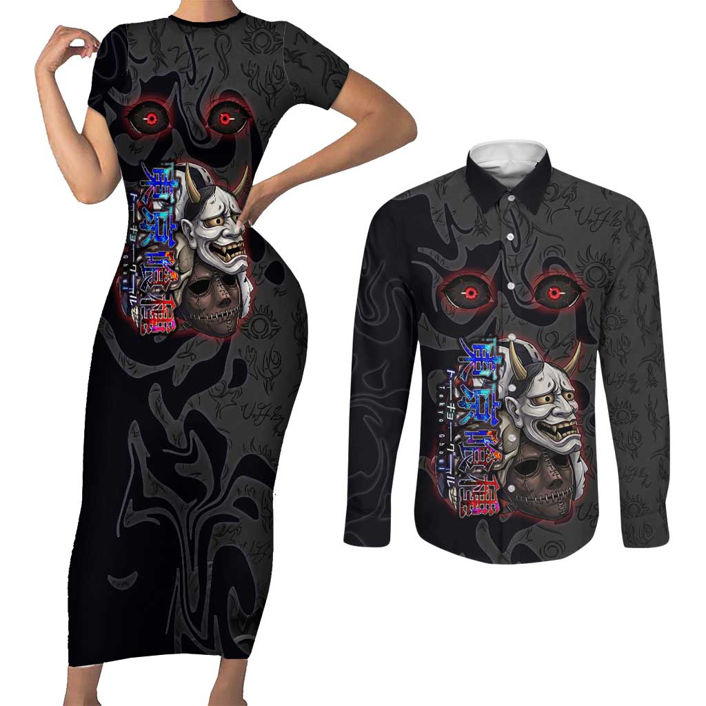 Uta Tokyo Ghoul Couples Matching Short Sleeve Bodycon Dress and Long Sleeve Button Shirt Dark Urban Tattoo Style with Oni Mask Elements
