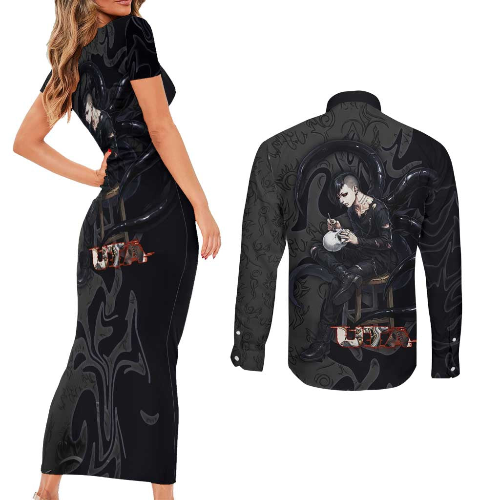 Uta Tokyo Ghoul Couples Matching Short Sleeve Bodycon Dress and Long Sleeve Button Shirt Dark Urban Tattoo Style with Oni Mask Elements