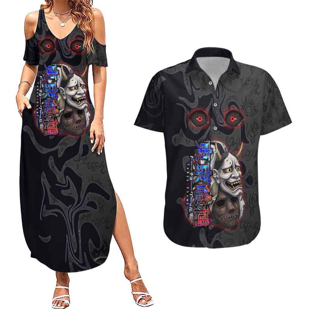 Uta Tokyo Ghoul Couples Matching Summer Maxi Dress and Hawaiian Shirt Dark Urban Tattoo Style with Oni Mask Elements