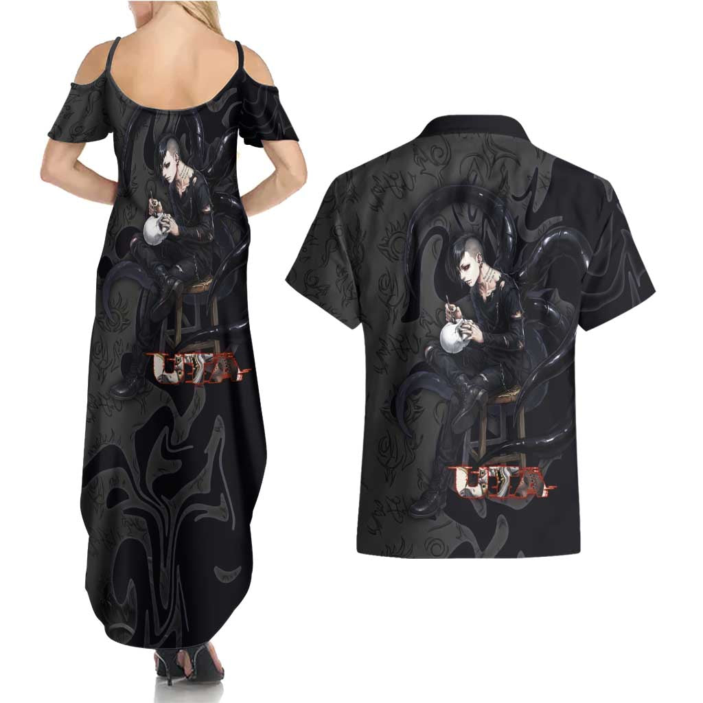 Uta Tokyo Ghoul Couples Matching Summer Maxi Dress and Hawaiian Shirt Dark Urban Tattoo Style with Oni Mask Elements