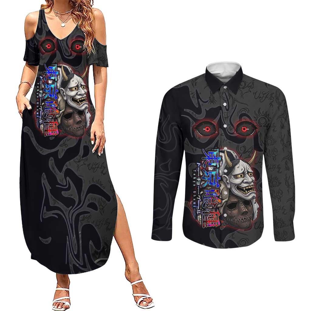 Uta Tokyo Ghoul Couples Matching Summer Maxi Dress and Long Sleeve Button Shirt Dark Urban Tattoo Style with Oni Mask Elements