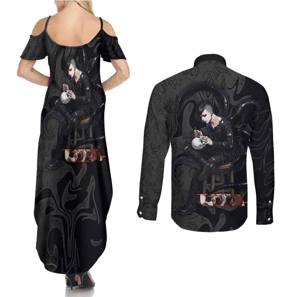 Uta Tokyo Ghoul Couples Matching Summer Maxi Dress and Long Sleeve Button Shirt Dark Urban Tattoo Style with Oni Mask Elements